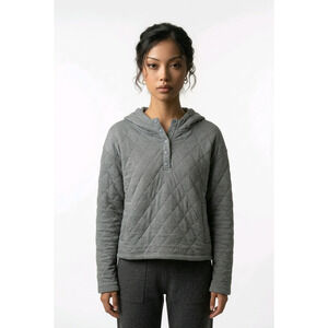 Lands' End Women's Quilted Pullover Hoodie Blue Snap Neck Cotton Medium NWT